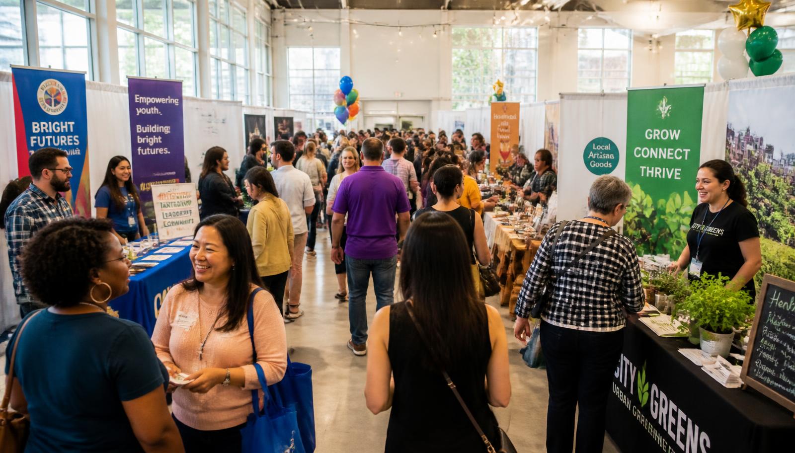 Attendees browsing booths at a bright community expo