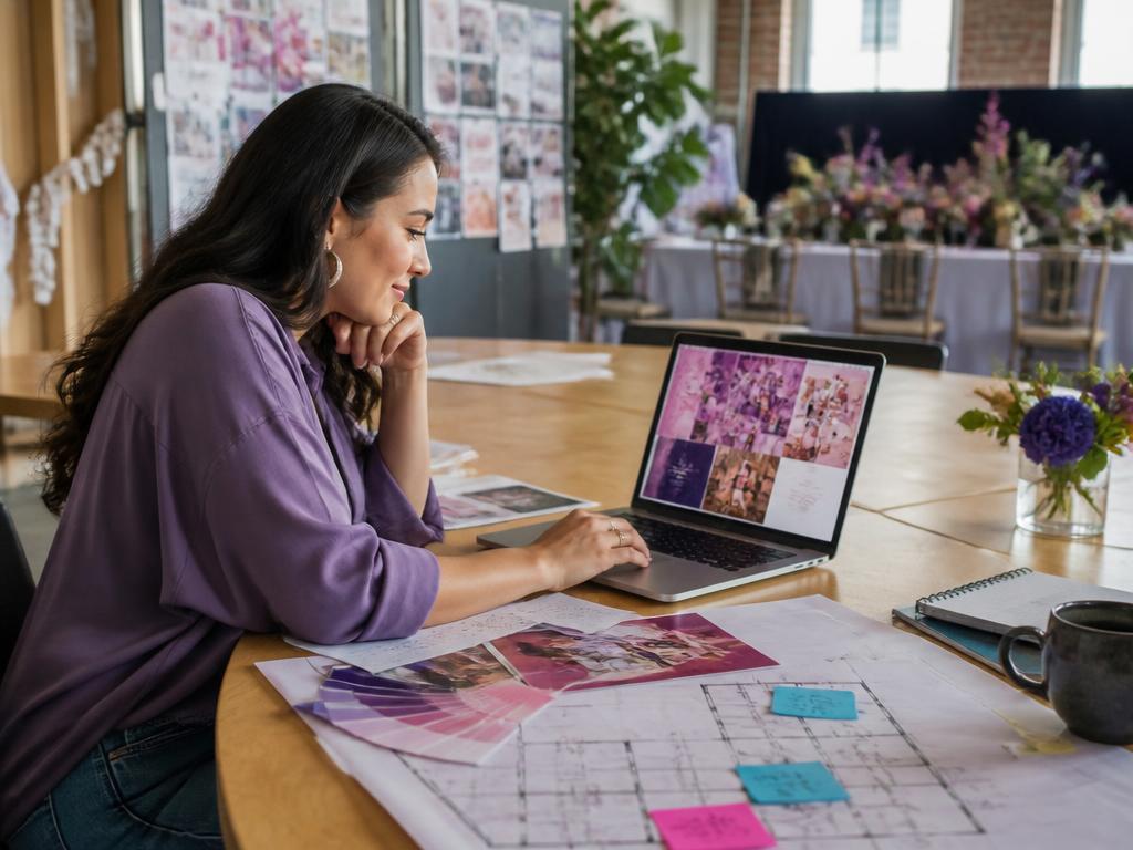 An aspiring event producer planning a show with a laptop and floorplan