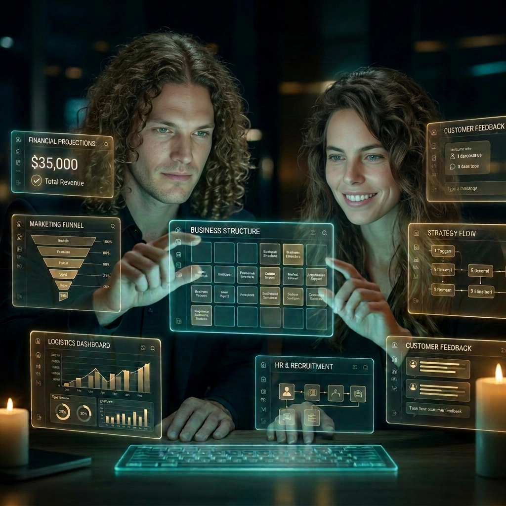 Emrys and Sophia assembling a business from glowing interface panels