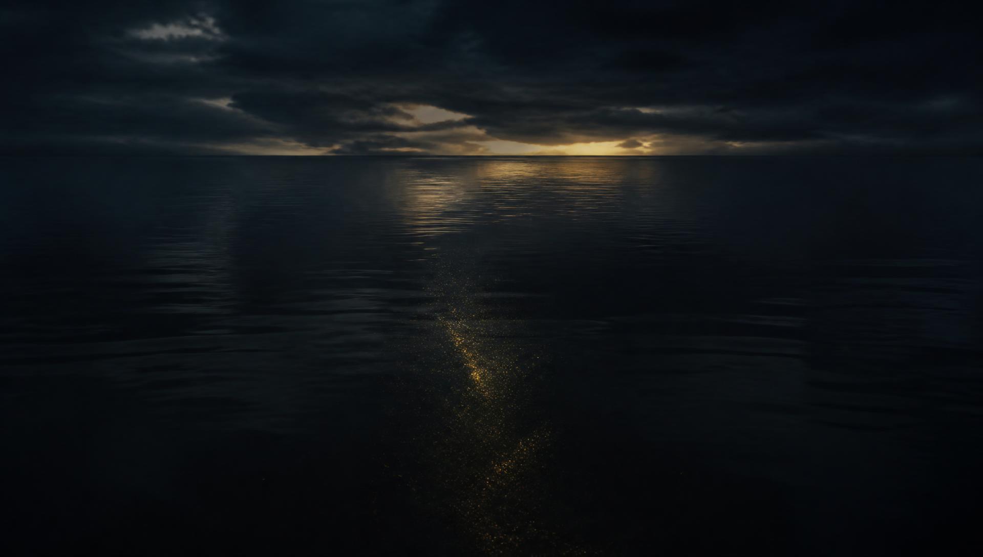 A dark, still ocean at night