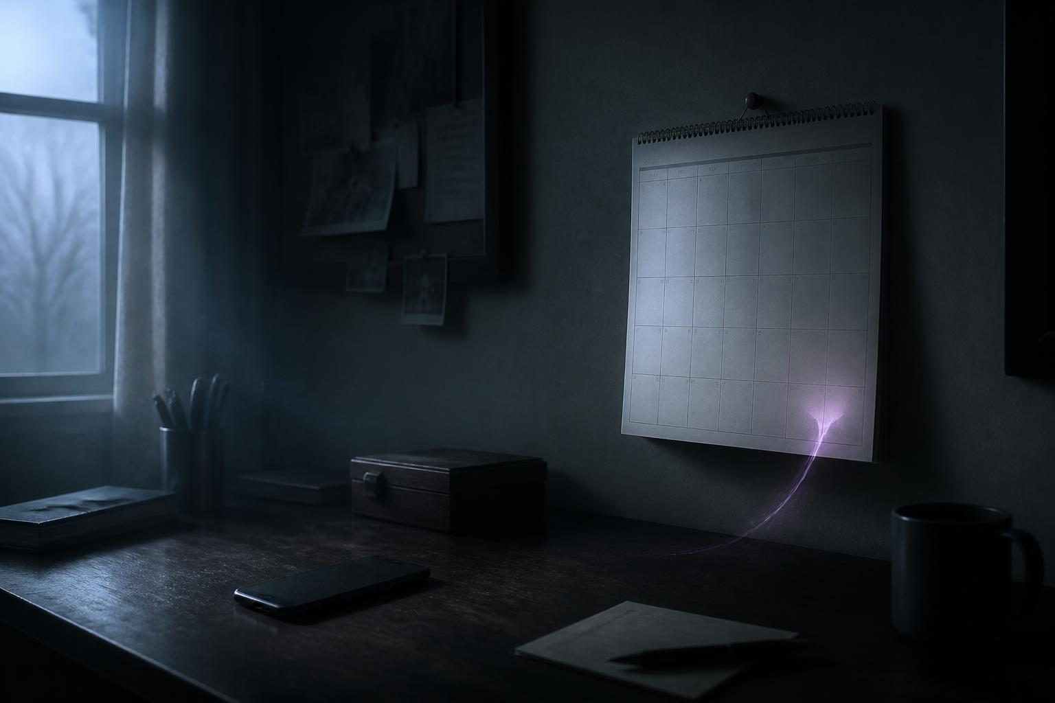 An empty calendar in a dark home office at dawn