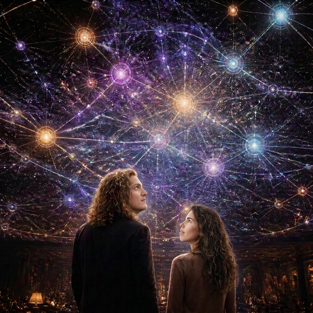 Emrys and Sophia looking up at a glowing constellation of connected ideas