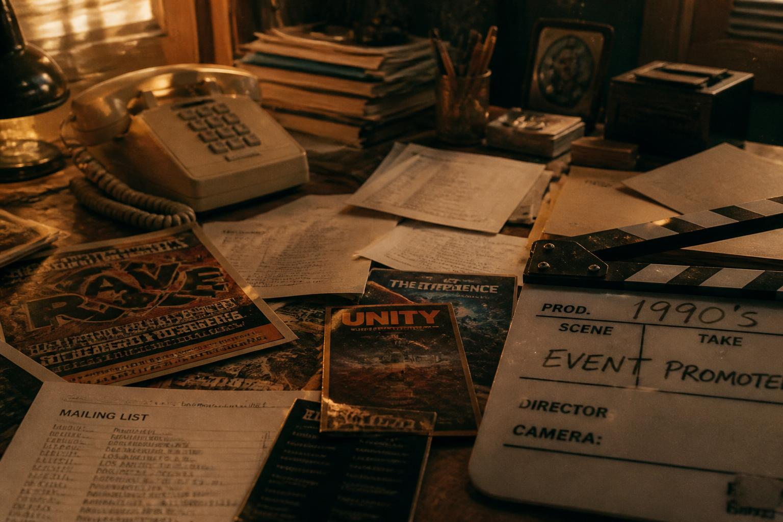 A 1990s event promoter's desk: newspaper ads, postcards, mailing lists