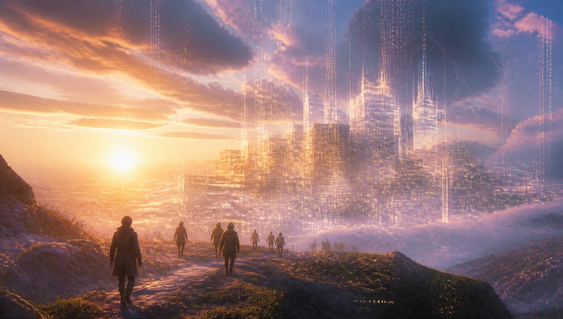 A luminous city of light rising at dawn